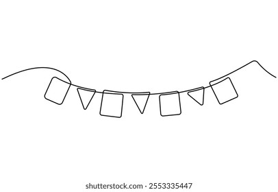 One line party garland sketch. Hand drawn elements. Continuous line art drawing buntings garland. Celebration party hand drawn flags. Drawing of continuous line art buntings garland for a celebration