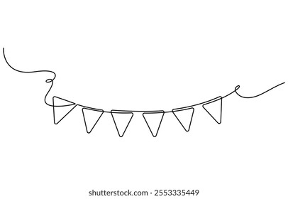 One line party garland sketch. Hand drawn elements. Continuous line art drawing buntings garland. Celebration party hand drawn flags. Drawing of continuous line art buntings garland for a celebration