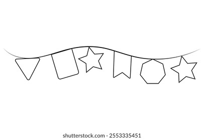 One line party garland sketch. Hand drawn elements. Continuous line art drawing buntings garland. Celebration party hand drawn flags. Drawing of continuous line art buntings garland for a celebration