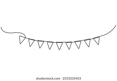 One line party garland sketch. Hand drawn elements. Continuous line art drawing buntings garland. Celebration party hand drawn flags. Drawing of continuous line art buntings garland for a celebration