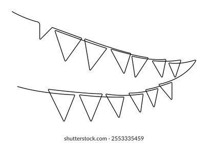 One line party garland sketch. Hand drawn elements. Continuous line art drawing buntings garland. Celebration party hand drawn flags. Drawing of continuous line art buntings garland for a celebration