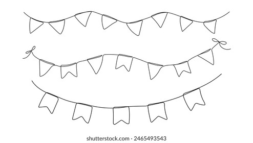 One line party garland sketches set. Hand drawn elements. Vector continuous outline isolated icon