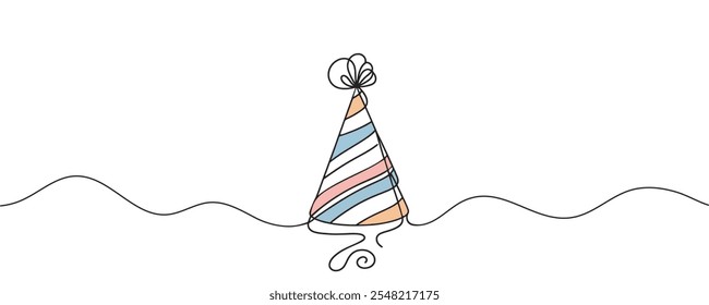 One line party hat. Happy birthday, vector illustration.