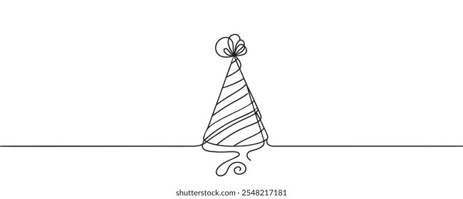 One line party hat. Happy birthday, vector illustration.