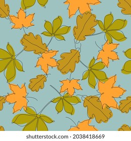 One line pattern of leaves on a blue background . Graphics and illustrations. Vector illustration