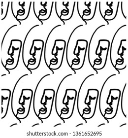 One line pattern with portraits in modern abstract style. Contemporary background. Hand drawn graphic doodle vector illustration. Black and white art. 