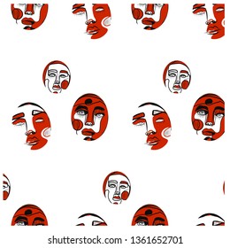 One line pattern with portraits in modern abstract style. Contemporary background. Hand drawn graphic doodle vector illustration. Black and white art. 