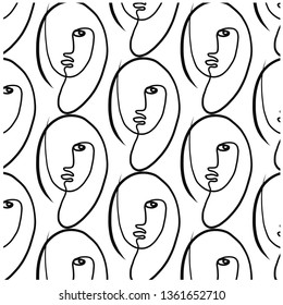 One line pattern with portraits in modern abstract style. Contemporary background. Hand drawn graphic doodle vector illustration. Black and white art. 