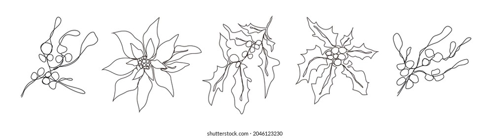 One line of the pattern of winter flowers. Modern art, the line of botanical flower (poinsettia, holly, mistletoe) in the style of minimalism. for print,  poster. vector floral  art illustration.