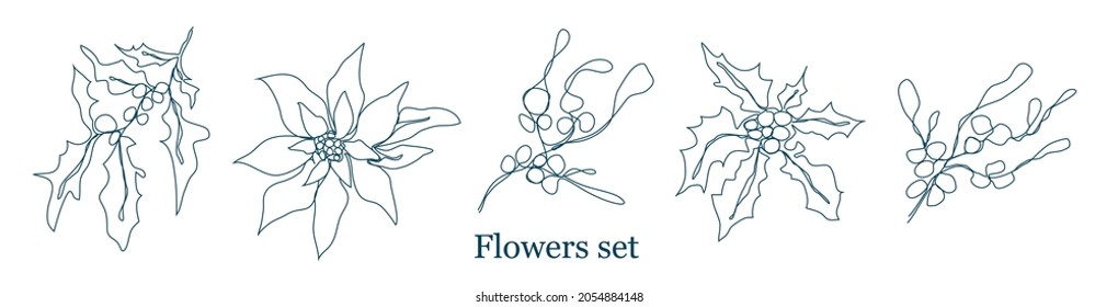 One line of the pattern of winter flowers. Modern art, the line of botanical flowers (poinsettia, holly, mistletoe) in the style of minimalism. for print, postcard, poster. vector art illustratration