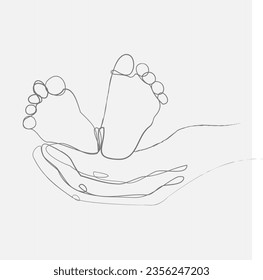 One line pencil drawing of baby's feet in her mother's hands. Modern single line art, aesthetic outline. Perfect for home decoration, such as posters, wall art, sticker, mobile phone case.