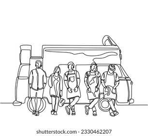 One line of people group road trip with van. Single line of friends in front of minivan. Continuous line of man and woman standing in front of classic vintage car isolated on white background.