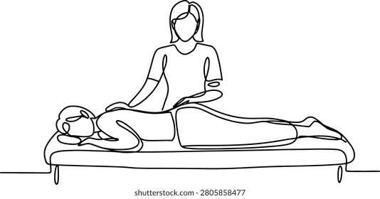 One line of a person receiving a back massage from a therapist on a massage table client