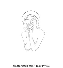 One line photographer woman. Contemporary female stylized silhouette. Single trendy illustration. Continuous line, minimalistic concept. Minimalism girl face. 