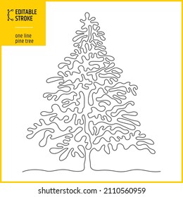 One line pine tree drawing. Editable stroke continuous line. Vector illustration of nature concept. Line thickness can be changed.