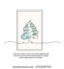 One line pine tree poster drawing with a beautiful frame. Abstract minimal continuous line wall decor.