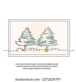 One line pine tree poster drawing with a beautiful frame. Abstract minimal continuous line wall decor.