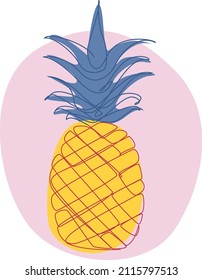 One line pineapple vector illustration with vibrant colors and abstract background shape. Tropical fruit art.