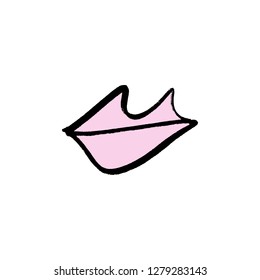 One line pink lips sketch symbol, logo. Picture, label, print for clothes and other, element for design and other