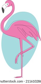 One line pink vector flamingo illustration with turquoise abstract background shape.