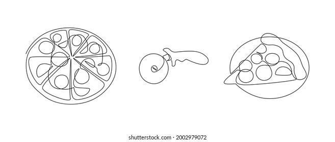 One line pizza. Continuous line baked Italian food with pepperoni and tomatoes, monoline pizza knife and slice. Vector isolated set