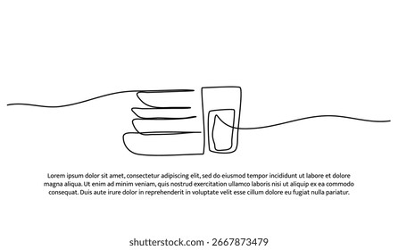 One line of plates and glasses. Abstract minimal continuous line.