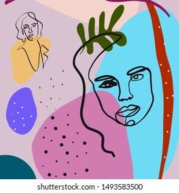 One line portrait. Abstract background. Colorful shapes and textures. Freehand contemporary composition.