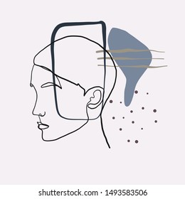 One line portrait. Abstract background. Colorful shapes and textures. Freehand contemporary composition.