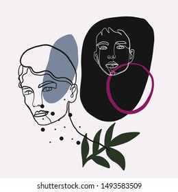 One line portrait. Abstract background. Colorful shapes and textures. Freehand contemporary composition.