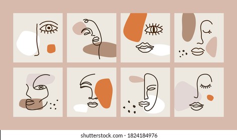 One line portrait abstract shapes. Continuous girl face contemporary elements, feminine art modern minimal style, modern vector graphic.