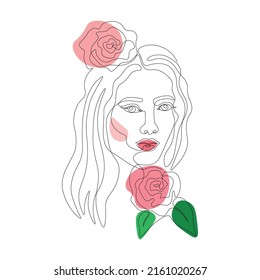 One line portrait of a girl with pink roses and green leaves.Hand drawn vector illustrations. Continuous line, minimalistic elegant portrait. Vector illustration
