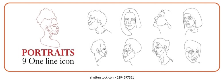 Conjunto de vectores de retratos de una línea. Retrato lineal cara humana en gafas dibujadas en una línea continua. Diseño de logotipo de vectores lineales mínimos para la tienda de anteojos, clínica de salud visual, estilista masculino o femenino y