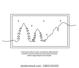 One line poster drawing of mountain view with a beautiful frame. Abstract minimal continuous line wall decor.