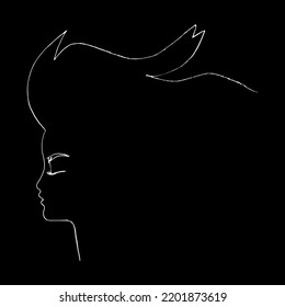 One line - the profile of a girl with hair on wind, black on white, minmalist continuous line technque, beauty fashion illustration