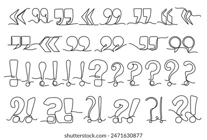 One line punctuation marks. Quote symbol, quotation marks, question and exclamation points, isolated hand drawn vector set