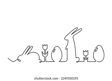 One line rabbits, eggs and tulip flower hand drawn illustration. Spring floral and Easter card. Vector