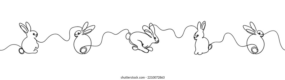 One line rabbits isolated on white background. Seamless banner. Vector