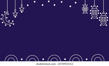 One line ramadan theme horizontal background. Dark blue Ramadan banner with outline of lanterns, moon and stars. Place for text. Vector illustration in flat design style