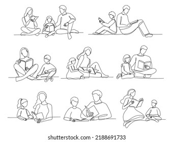 One Line Reading For Kids. Readers Family, Parents Read Books With Children. Mother, Father And Kid With Book Lifestyle Vector Illustration Set. Preschool Boys And Girls Learning With Adults