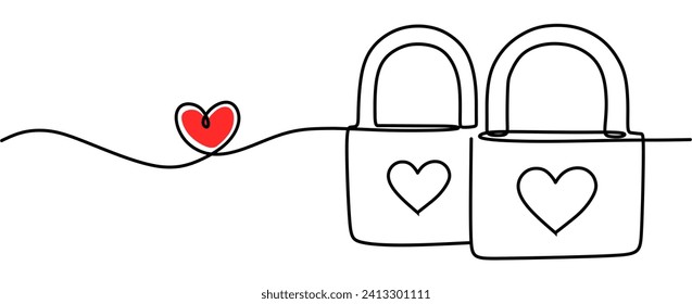 One line red heart. Love concept. Valentine's Day. The padlock. One line drawing. Vector illustration.
