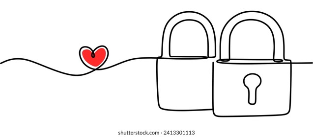 One line red heart. Love concept. Valentine's Day. The padlock. One line drawing. Vector illustration.