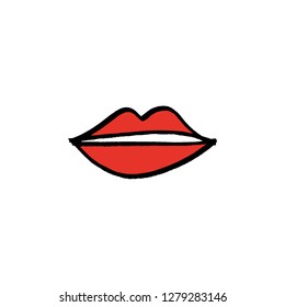 One line red lips sketch symbol, logo. Picture, label, print for clothes and other, element for design and other