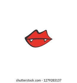 One line red vampire lips sketch symbol, logo. Picture, label, print for clothes and other, element for design and other