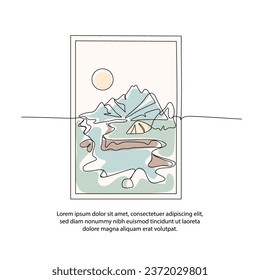 One line river view poster drawing with a beautiful frame. Abstract minimal continuous line wall decor.