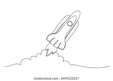 One line rocket drawing. Spaceship icon isolated illustration. Startup outline vector symbol.