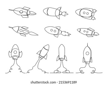 One Line Rocket. Space Ship Launch, Simple Rockets Flying Into Universe And Spacecraft Sketch Vector Illustration Set. Cosmos Exploration, Outer Space Discovery. Successful Start Up, Business Project