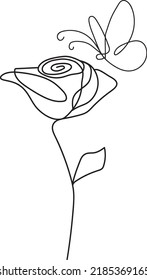 One line rose flower butterfly art vector