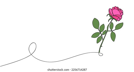 Eine Zeile Rosenblume mit Platz für Text. Kontinuierliche Zeichnung der Rosenblüte in minimalistischer Kunst. Vektorkontur Kunstdesign.