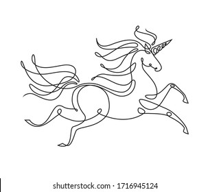 Eine Linie mit Unicorn. Magische Tiergrafik im minimalistischen Stil. Vektorillustration Einzelkunst für Emblem, Ikone, Bekleidungsausdruck, Textilien, moderne Dekoration, Märchenbuch. Schwarze Kontur auf Weiß