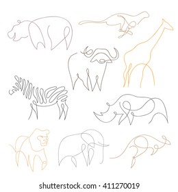 One line safari animals set design silhouette. Hand drawn minimalism style vector illustration